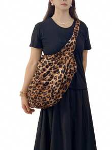 大容量豹纹单肩包，女士斜挎包，休闲多用途手提包，拉链开合，面料柔软，轻便可折叠，适合工作、学习、旅行 - 巧克力棕 - 查看 3