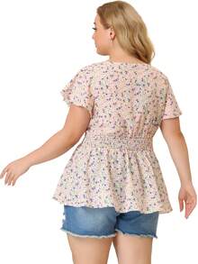 Plus Size Blouses For Women Button V Neck Smocked Waist Going Out Summer Tops, Flare Short Sleeve Peplum Floral Tops - Hồng - Xem 5