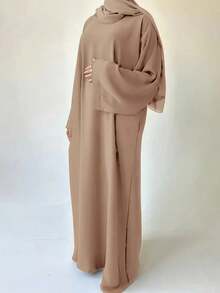 Women's Solid Color Arabic Style Long Sleeve Dress, Casual Long Dress - Khaki - View 2