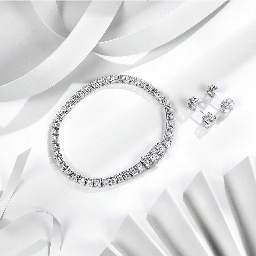 MDFUN 18K White / Gold CZ Tennis Bracelet & 6mm Round Stud Earrings Set, Women Daily Holiday Jewelry Gift - White - View 1