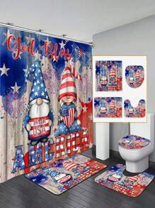 1/4 Stücke 4. Juli Duschvorhang Set, amerikanische Flagge Duschvorhang mit USA Unabhängigkeitstag Zwerg Muster, Stern- und Streifendesign, Badezimmer Set mit 12 Haken, inklusive Badematte, Toilettenmatte, U-förmige Matte, Memorial Day und Unabhängigkeitstag Badezimmer Dekoration, Geschenkidee für sich selbst, Freunde und Familie
