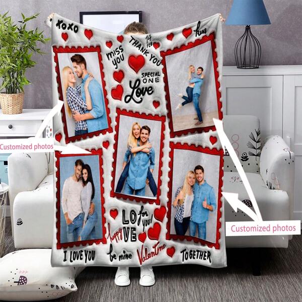1 cobertor fotográfico personalizável com padrão em forma de coração, extremamente macio e confortável, de flanela de alta definição, com estampa digital, ideal para quarto, sala de estar, sofá, escritório, viagens ou como presente