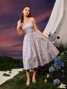 Faeriesty 无肩带中长款花卉刺绣连衣裙，采用编织提花面料 - 飘逸的 A 字裙，适合春夏季花园派对和婚礼宾客着装（柔和的薰衣草和薄荷色调，浪漫优雅）