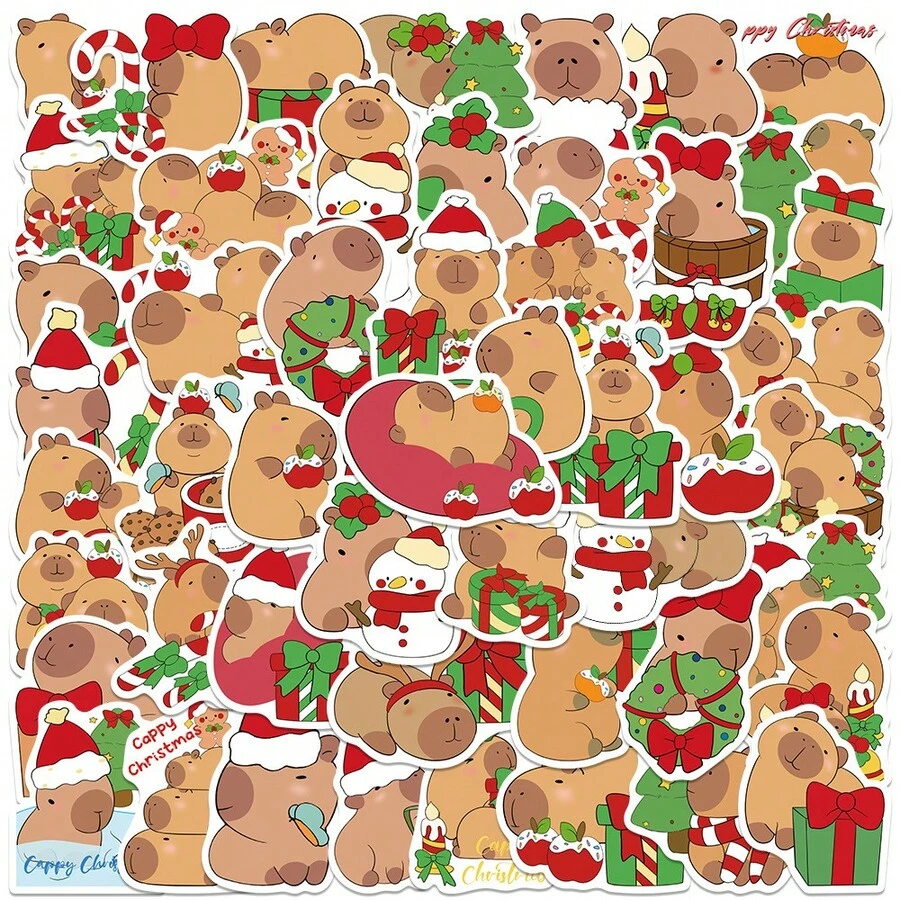 50 件水豚贴纸圣诞贴纸卡通贴纸可爱贴纸水豚礼物水豚毛绒动物贴纸节日贴纸乙烯基贴纸适用于水瓶、水壶、吉他、行李箱、手机、外壳、笔记本电脑、滑板、礼物 - 彩色 - 查看 1