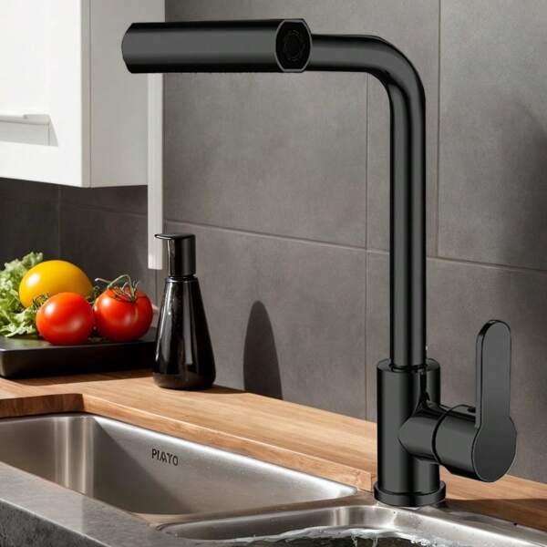 Modern Kitchen Faucet With 4 Spray Modes, 360° Rotating, Black, Includes 1/2" & 3/8" Hose Connectors, Single Hole Installation, Contemporary Design, Durable Plastic & Stainless Steel, No Electricity Needed, Kitchen Faucet Spray, Sleek Faucet, Ceramic Valv