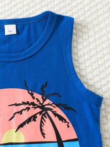 2 件套男童无袖休闲度假棕榈树印花背心套装，轻盈凉爽的夏季服装 - 藍色 - 查看 4