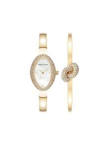 Anne Klein Goldfarbenes Quarz-Armreif- und Armband-Set für Damen mit Diamant-Goldgehäuse, elegantes Damen-Uhrenset