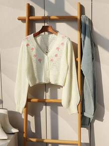 Korean Style Casual Boho Holiday Party Vintage Women Old Money Style Cute Airport Streetwear Country Concert Going Out Tops, Cosplay Halloween Costume, Halloween 2025 Sexy Witch Costume Going Out, Fall Women, Back To School Y2K, Country Concert, Fall Winter For Women, Goth Steampunk Women, Boho Holiday Party Work V-Neck Floral Embroidery Single-Breasted Hollow Regular Casual Versatile Fashion Knitted Cardigan