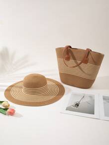 1 Pieza Sombrero de Paja + 1 Pieza Bolso, Conjunto Casual de Vacaciones