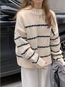 Women's Autumn And Winter Fashionable And Versatile Y2K Contrasting Striped Shoulder Down Casual Knitted Round Neck Autumn And Winter Sweater, Lightweight And Comfortable, Suitable For Leisure, Daily Life, Dating, Home, Office, Party Gatherings, Festivals, Shopping, Halloween, Christmas, Thanksgiving, Holidays