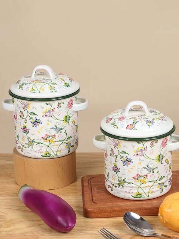 1pc Thick Enamel Oil Pot, Double-Ear Heatproof Mini Pot. Restaurant-Style Lidded Large Capacity Seasoning Pot, Home Kitchen Small Stewing Pot, Enameled Material, Anti-Corrosion, Acid And Alkali Resistant, Healthy And Safe For Fresh Food Refrigeration, Instant Noodle Bowl, Food Storage Container, Suitable For Office, School Lunch, Outdoor Camping