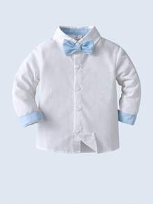 BOARNSEORL 两件套男童绅士套装 - 长袖衬衫配蝴蝶结和背带裤，时尚休闲套装，适合生日派对、周年庆典等场合。 - 淺藍色 - 查看 5