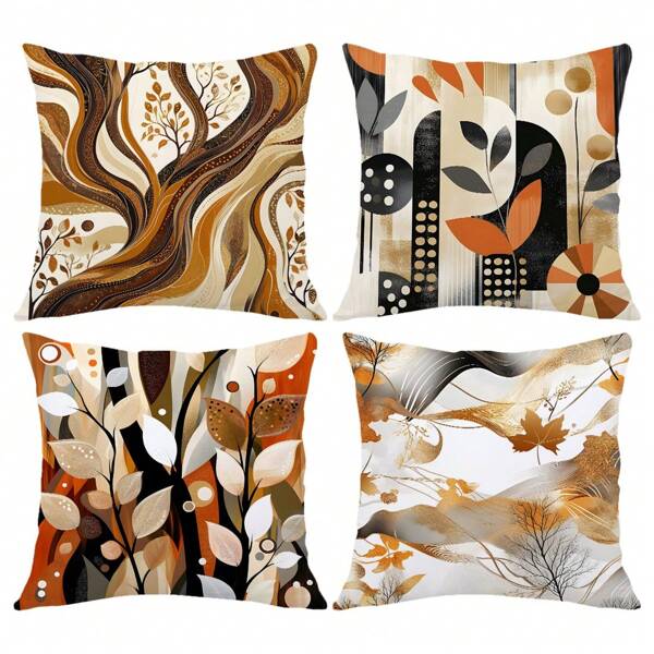 4 pièces Housses de coussin imprimées de feuilles géométriques abstraites marron [sans insert de coussin], 17,7*17,7 pouces (45*45cm), [impression unilatérale] Taies d'oreiller décoratives en polyester pour le canapé, le salon, la chambre, la voiture, le bureau, l'hôtel, Airbnb, cadeau parfait pour la famille et les amis