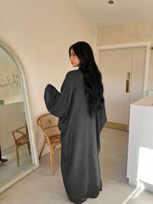 1pc Women Classic Solid Color Open Front Robe, Loose Fit Linen Comfortable Cardigan Long Robe, Arabic Dubai Modest Wear Fall - Dark Grey - View 3