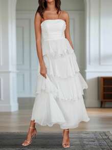 Ruffled Tube Top Long Dress For Women Summer Solid Color Backless Strapless Sleeveless Tiered Cake Dress