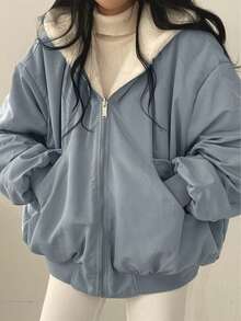 Women's Reversible Oversize Faux Shearling Lined Hooded Jacket Winter Y2K 2 Way Wear Padded Coat - 藍色 - 查看 1