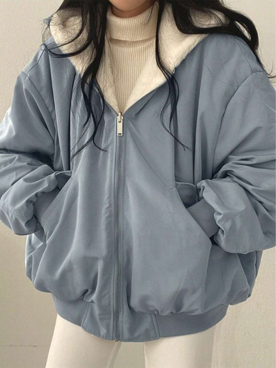 Women's Reversible Oversize Faux Shearling Lined Hooded Jacket Winter Y2K 2 Way Wear Padded Coat - 藍色 - 查看 1