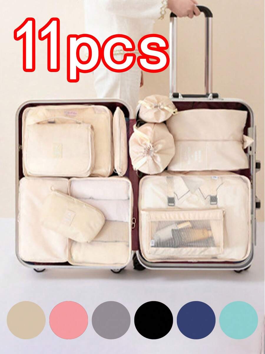 11件套便携式旅行收纳套装，多功能储物袋，包括洗衣袋、内衣袋、鞋袜袋、电子产品袋、束口袋、网袋、洗漱包、化妆包、行李袋 - 夏季旅行、度假、商务旅行的理想之选 - 彩色 - 查看 1