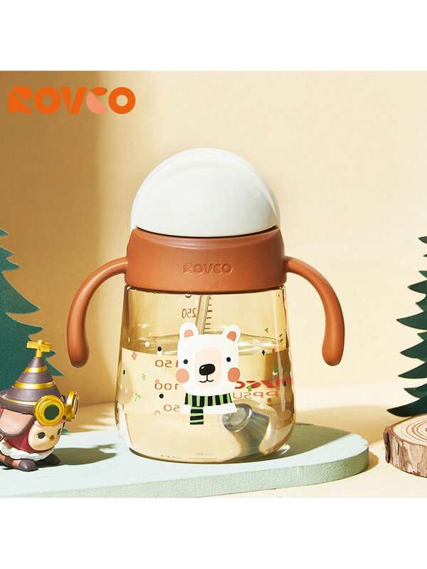 ROVCO 1pc PPSU Material Cartoon Straw Cup For Drinking Water/Milk, Safe & Shockproof Baby Learning Drinking Cup With Handle, 9+ Months, 300ml/10.15oz, 2 Colors: Brown/Green, RK-B1069