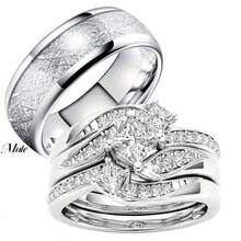 1 对全新创意银色情侣戒指，男士戒指，女士合成锆石镶嵌戒指，结婚和订婚戒指 - 銀色 - 查看 1