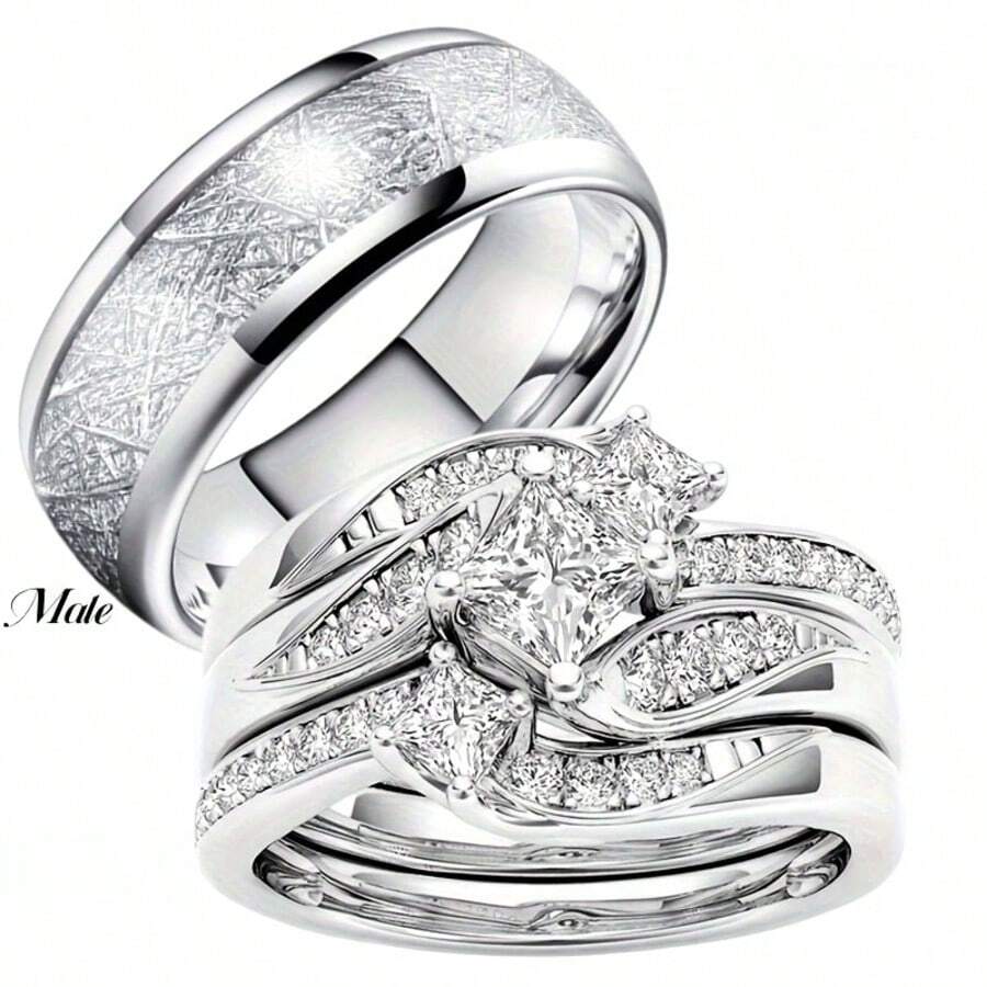 1 对全新创意银色情侣戒指，男士戒指，女士合成锆石镶嵌戒指，结婚和订婚戒指 - 銀色 - 查看 1