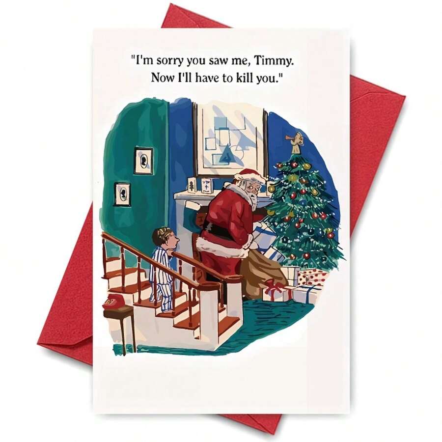 1 Biglietto di auguri natalizio con divertente cartone animato di Babbo Natale, biglietto di compleanno interessante per amici, fratelli/sorelle, figlio o figlia, con oltre 14 carte di invito con motivi natalizi e albero di Natale