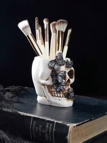 1pc Gothic Retro Butterfly Skull Shaped Decorative Storage Pen Holder, Antique Style Resin Butterfly Skull Decor, Desktop Organizer, Home Decor For Halloween, Suitable For Bookshelf, Vanity, All Season Halloween Decor Fall Decor Room Decor - Multicolor - View 4