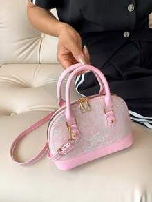 复古贝壳编织手提包，可爱网眼女士完美单肩包，主要材质：PU，附加材质：编织草和网眼 - 粉色 - 查看 5