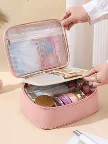 1 peça bolsa de cosméticos multifuncional de PU de grande capacidade com divisória removível para mulheres, bolsa de armazenamento para ferramentas de maquiagem, itens essenciais para viagem, férias de verão, volta às aulas, bolsa de viagem para escola, bolsa de maquiagem para mulheres, bolsa de viagem para maquiagem - Rosa - Ver 3