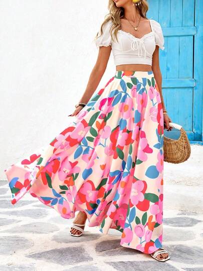 Women's Boho Print Waisted Pleated Long Skirt For Beach Vacation, Summer
