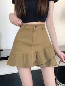 女士休闲牛仔荷叶边拼接迷你裙 夏季 - 卡其色 - 查看 3