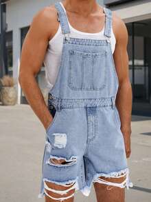 Men Denim Bib Overalls Shorts Adjustable Straps Front Pocket Romper Ripped Jeans Jumpsuit - Baby Blue - View 4