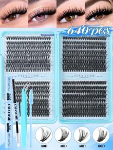640pcs/Set DIY Eyelash Extension Kit, Eyelash Cluster Set, Curl Degree 10D-100D, Includes Eyelash Glue, Tweezers And Eyelash Brush. Suitable For Home Use. Comes With Eyelash Cluster Manual (4 Mixed Styles). Essential For Christmas Travel. - 彩色 - 查看 12