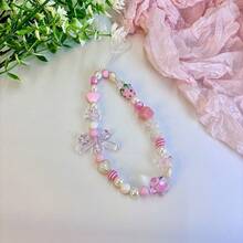 1pc/Set Acrylic Flower Bow Crystal Beaded Lanyard, Suitable For CCD Camera, Keys, Bags, Phones - Pink Strawberry Sl - View 5