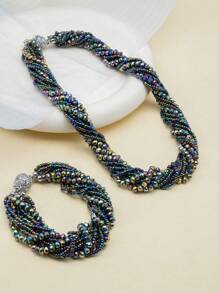 Esbbela 2pcs Luxurious Multi-Layer Acrylic Crystal Necklace And Bracelet Set For Women, Reversible, Black, Red, Champagne, Green, Dark Brown, Blue, Purple, Suitable For Daily Wear, Parties, Engagement, Wedding, Holidays, Birthday Gifts