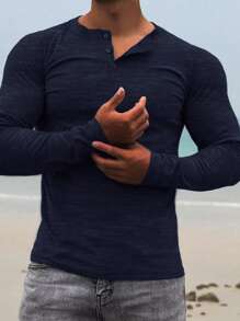 男士休闲百搭亨利领长袖 T 恤，纯色百搭舒适柔软，适合所有季节，秋季