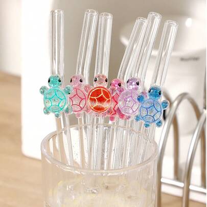 1-6pcs Reusable Glass Straws, Cute Sea Turtle Shaped, Suitable For Iced Drinks, Afternoon Tea, Milkshakes, Smoothies, Soda, Milk Tea, Juices And Other Cold Beverages. Ideal For Beach Parties, Outdoor Picnics, Dessert Shops, Snack Bars, Party Supplies, And Family Gatherings.