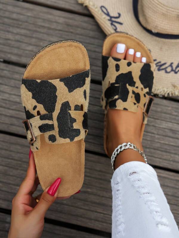 Women's Summer Casual Outdoor Open Toe Flat Beach Sandals, Animal Cow Pattern Slip-On