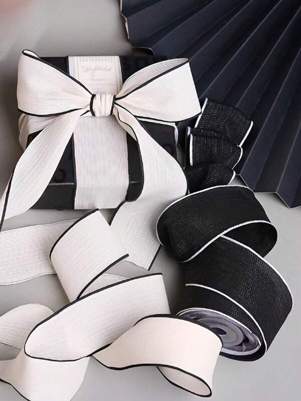 Panglici elegante din material textil alb-negru pentru agrafe de păr DIY - Funde lucrate manual, Consumabile pentru cusut și țesut, Panglică de cusut, Ambalaj cadouri pentru petreceri