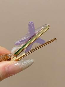 5 piezas Pinzas de pelo planas para mujer con diseño de estrella de mar azul & cola de sirena con conchas, tema oceánico adecuado para uso diario, caimán, deslizador de pelo - Morado - Ver 2