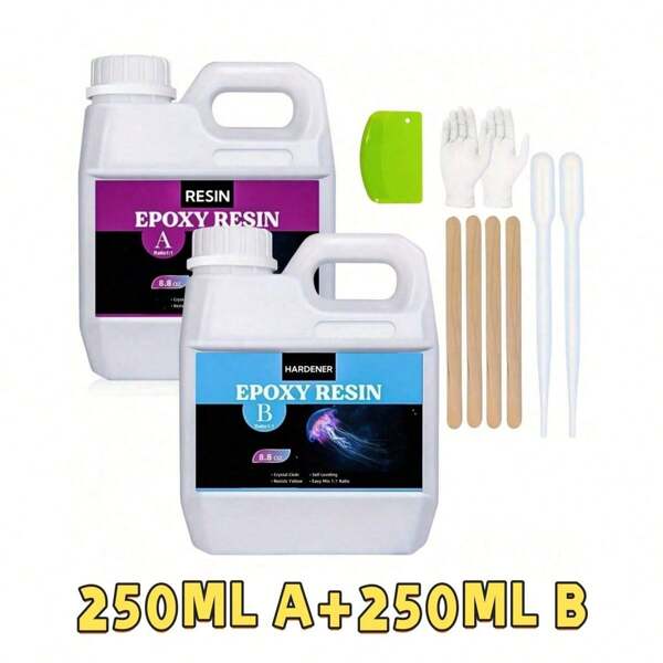 125ml/250ml Kristallklarer Gießharz-Satz, blasenfreie Epoxidharz-Zubehörteile, klarer Harz für Basteleien, Becher, Formen, Schmuck, Harz und Härter mit Bonusmessbechern, Rührstäben und Pipetten