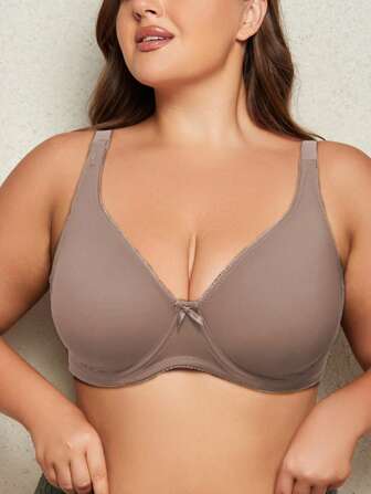 Plus Size Women's Khaki Seamless Double Layer Thin Silk Bra With Comfortable Wide Straps, Simple & Casual Daily Wear, Lift
