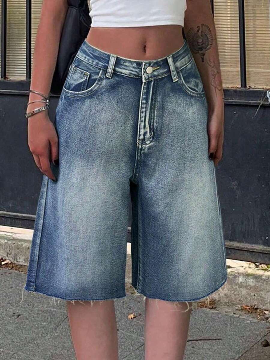 Y2K Streetwear Mid-Waist Distressed Frayed Denim Shorts, Casual Knee-Length Bermuda Shorts With Pocket Detail For Summer - 藍色 - 查看 1