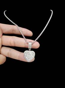 1pc Cubic Zirconia Heart Pendant With 5mm Tennis Chain, Unisex Hip Hop Vintage Pendant Necklace, Suitable For Daily Wear Or Party, Gift For Valentine