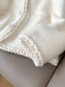 Casual Solid Color Lace Knit Cardigan With Pockets And Front Button Fastening. Fashionable And Elegant For Fall And Winter Season, Suitable For Daily Office Wear - White - View 6