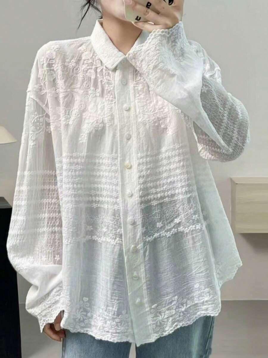 Women Floral Embroidery Dressy Shirt Bell Long Sleeve Loose Tunic Tops Vintage Lapel Button Down Jacquard Blouse - 白色 - 查看 1