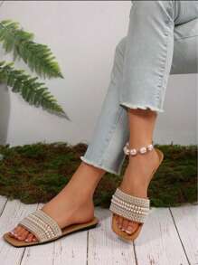 Damen Perlen & Strass Dekor Slide Sandalen/Pantoffeln, Offene Zehen Sommer Lässig Mule Schuhe