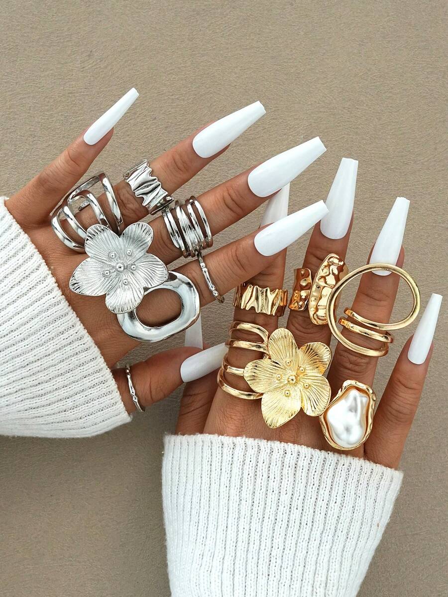 13/6pcs Set Exaggerated Vintage Coin Flower & Faux Pearl Metal Geometric Wide Band Rings, Gift For Women, Suitable For Summer, Casual, Party, Daily Wear - 款式1 - 查看 1
