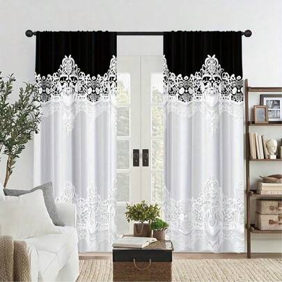 2pcs Black & White Lace Curtains - Modern Rod Pocket Curtains, Digital Printing, Polyester Fabric, Suitable For Living Room, Bedroom, Kitchen And Dining Room Decor (Rods Not Included), Living Room Curtains, 2D Flat Printing, Multipurpose Decorative Curtains