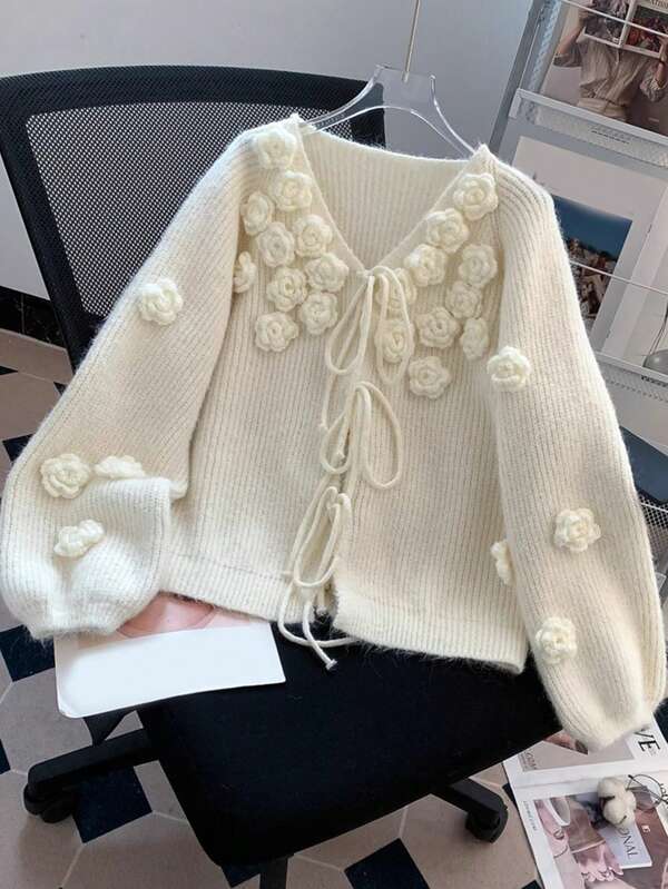 JIANHU Romantische Blumenknoten-Strickbluse, vintage ästhetischer Pullover für Frauen, gemütlicher Herbst/Winter Feiertagsstil